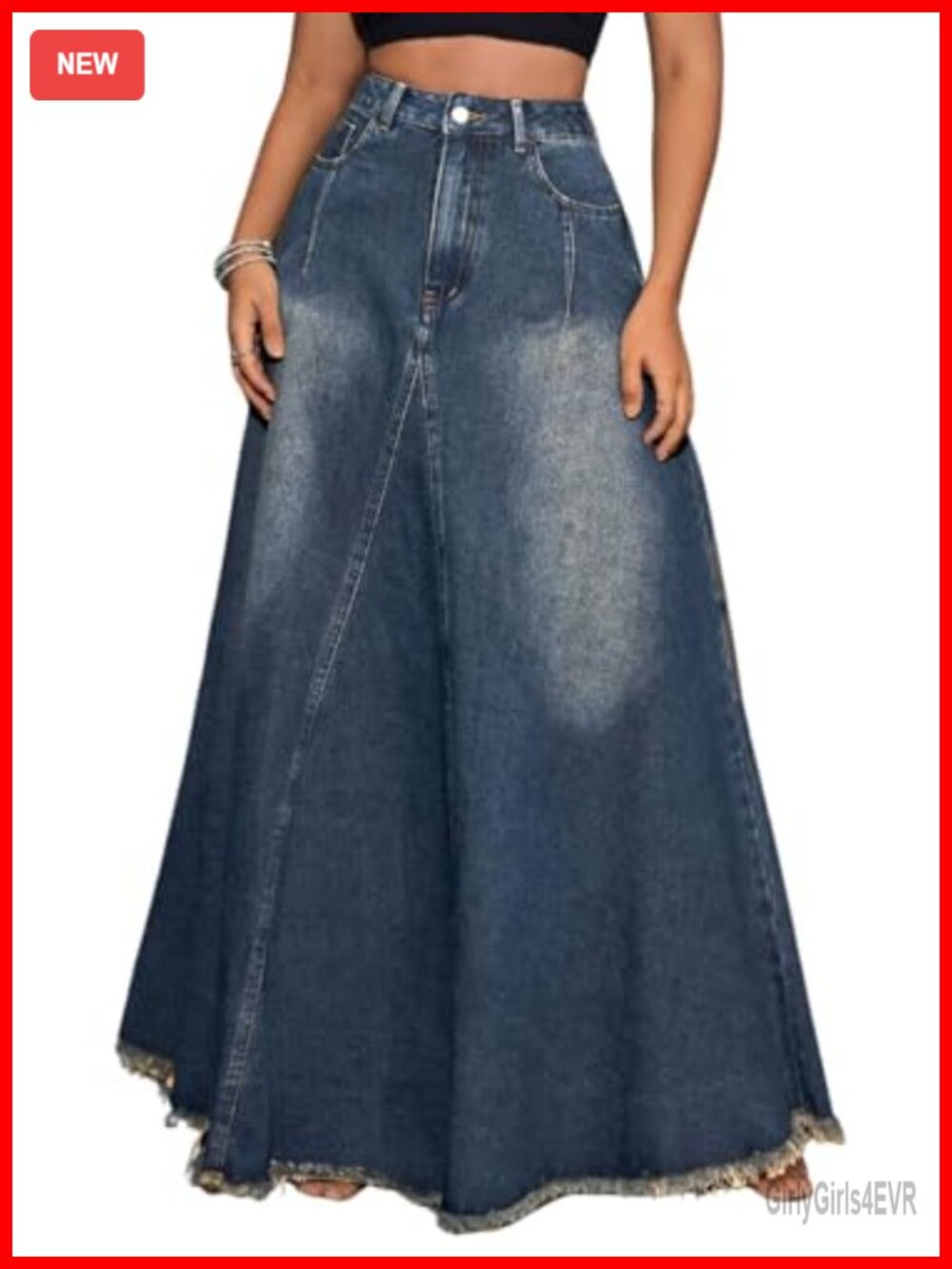 Vintage Cotton Blend Full Length Denim Maxi Skirt High Waist Frayed Raw Hem